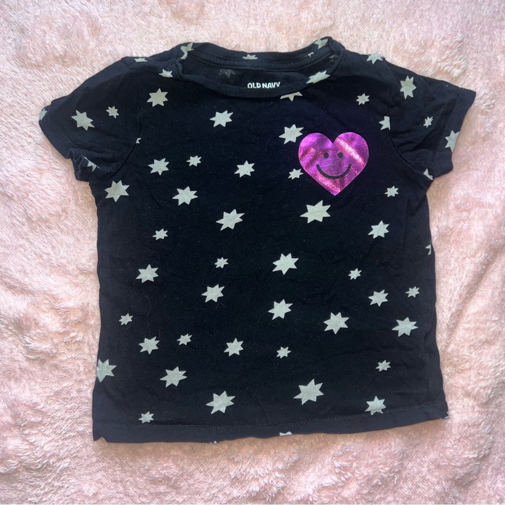 Girls Size 5 XS Old Navy Black Pink Heart Smiley Face Short Sleeve Shirt